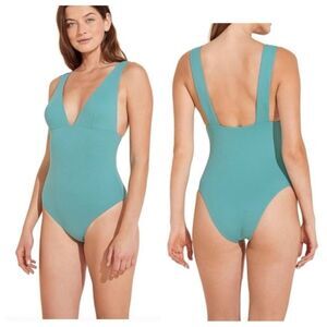 NWT Eberjey Vivian textured pique deep V swimsuit ocean blue Large